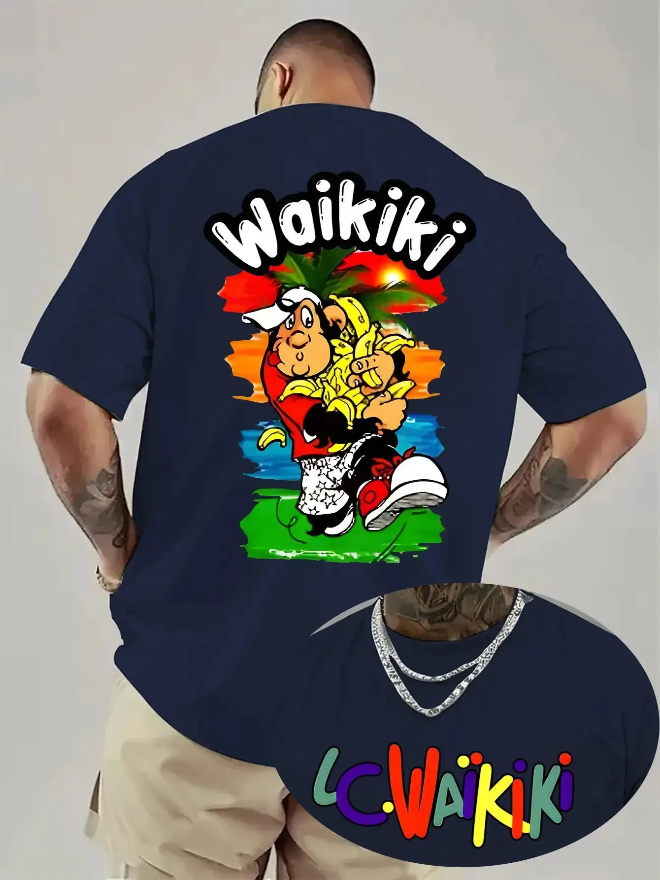 Men's Cotton T-shirt Waikiki Men's Hawaiian Surf Graphic T-Shirts Banana Gorilla & Palm Tree Print with Surfing Dog & Hawaiian