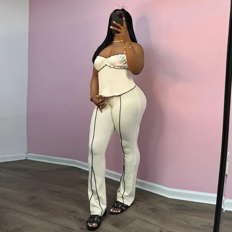 

Women Fashion Stripe Splice Slim 2 Piece Set Ruffles Pleated Camisole Crop Tops + High Waist Flare Pants Casual Summer Suits