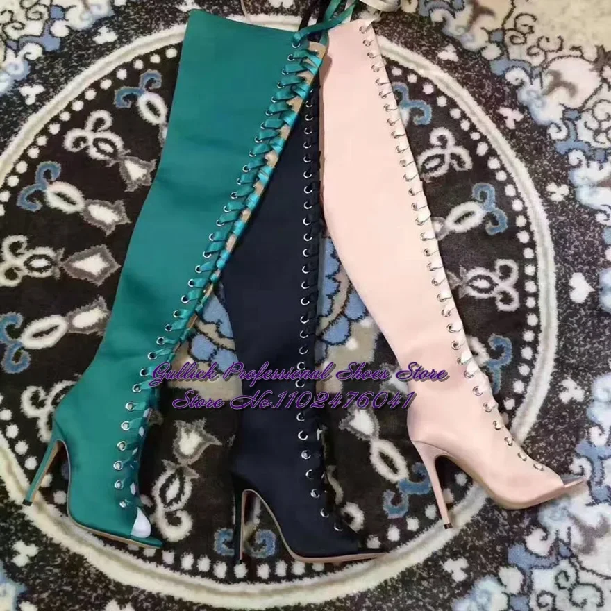 Women Champagne Satin Cloth Stiletto Heel Over The Knee Boots Open Toe Ribbon Cross Strap Lace-Up Sandal Boots Thigh High Shoes