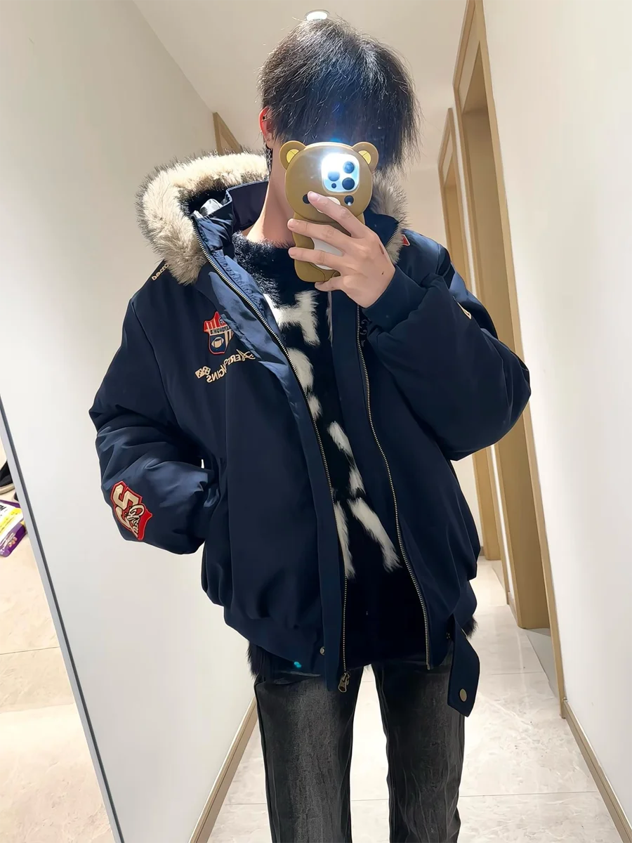 

Ретро-куртка унисекс из утолщенного хлопка с вышивкой американского орла на горной вершине, теплая зимняя, синяя