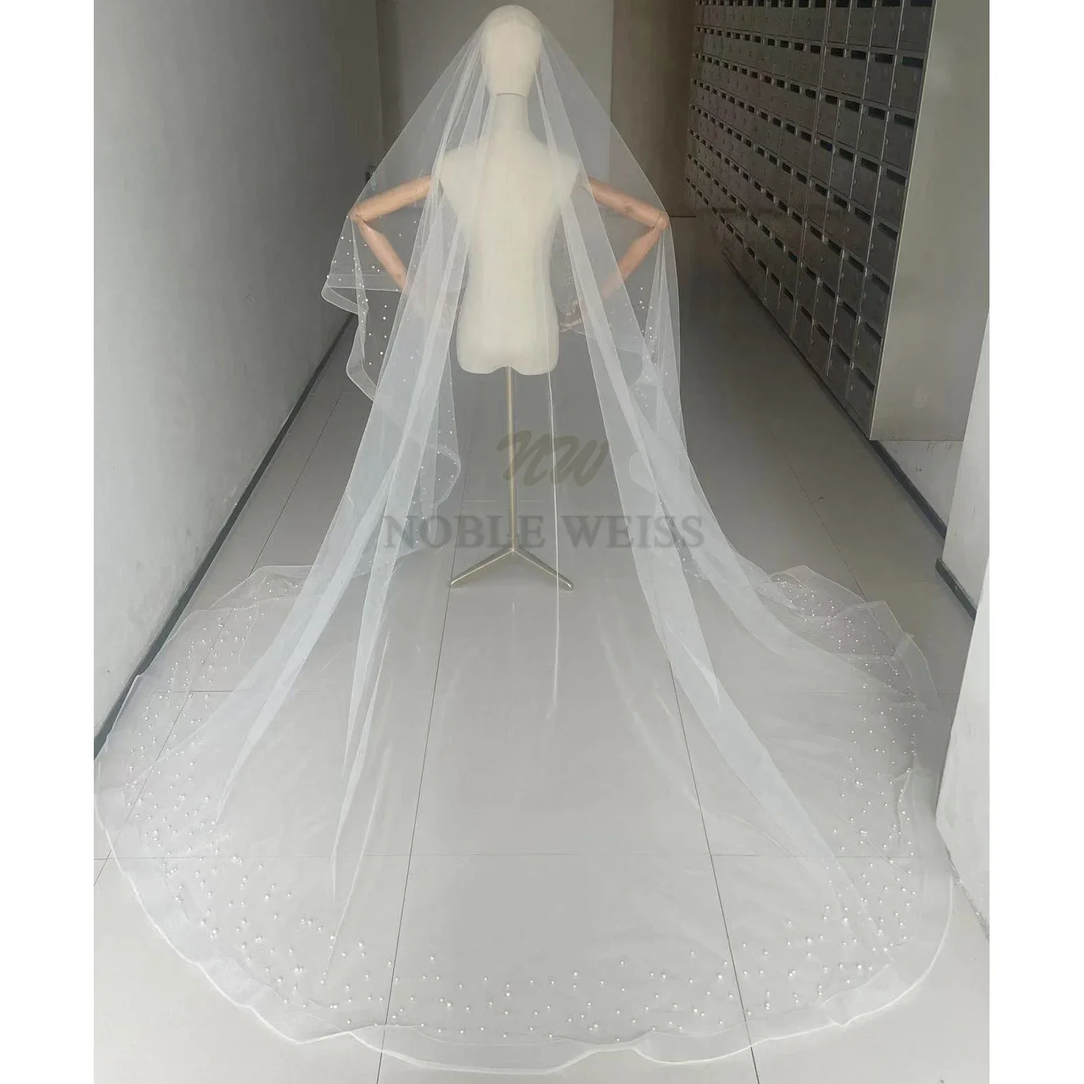 Beaded Wedding Veils One Layer Bride Veil With Stretch Mesh Tulle Veils Accessories 3*3 meters Customized image 2