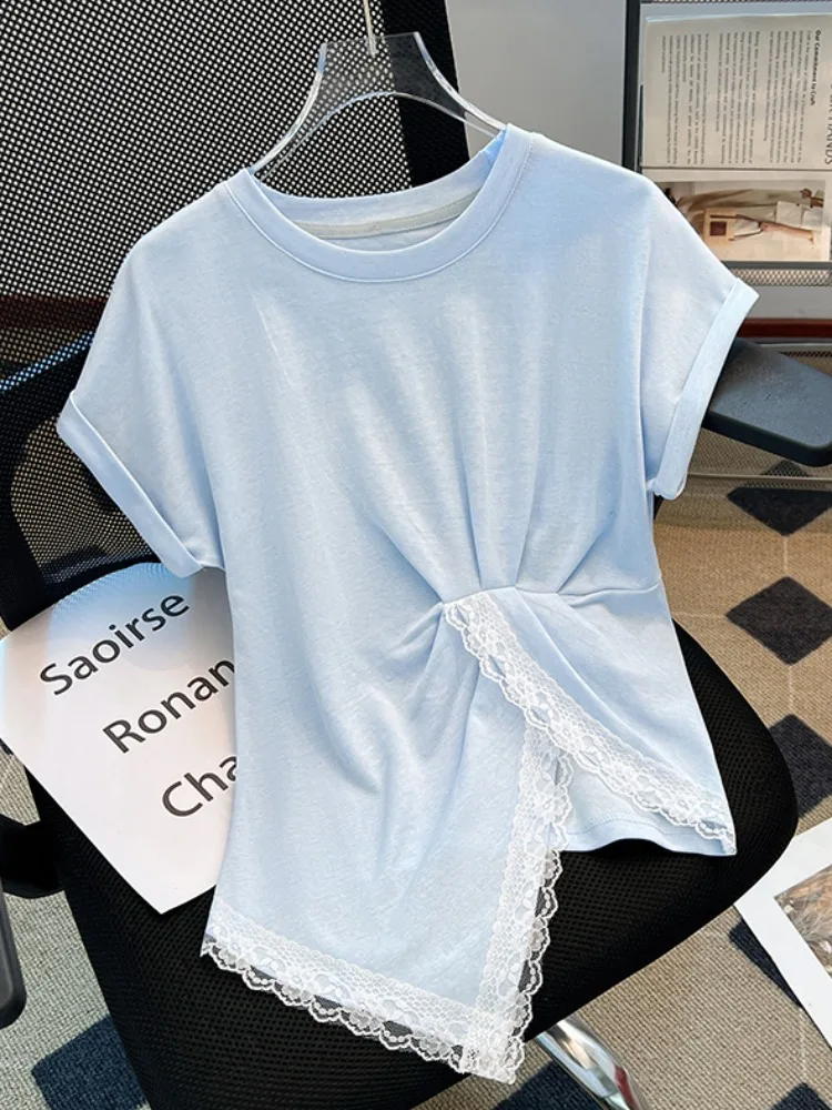 

Summer Lace ort Sve T-irt Women's Self-Kee Design Asymmetrical Splicing Slim Fit ort Length round Ne Top