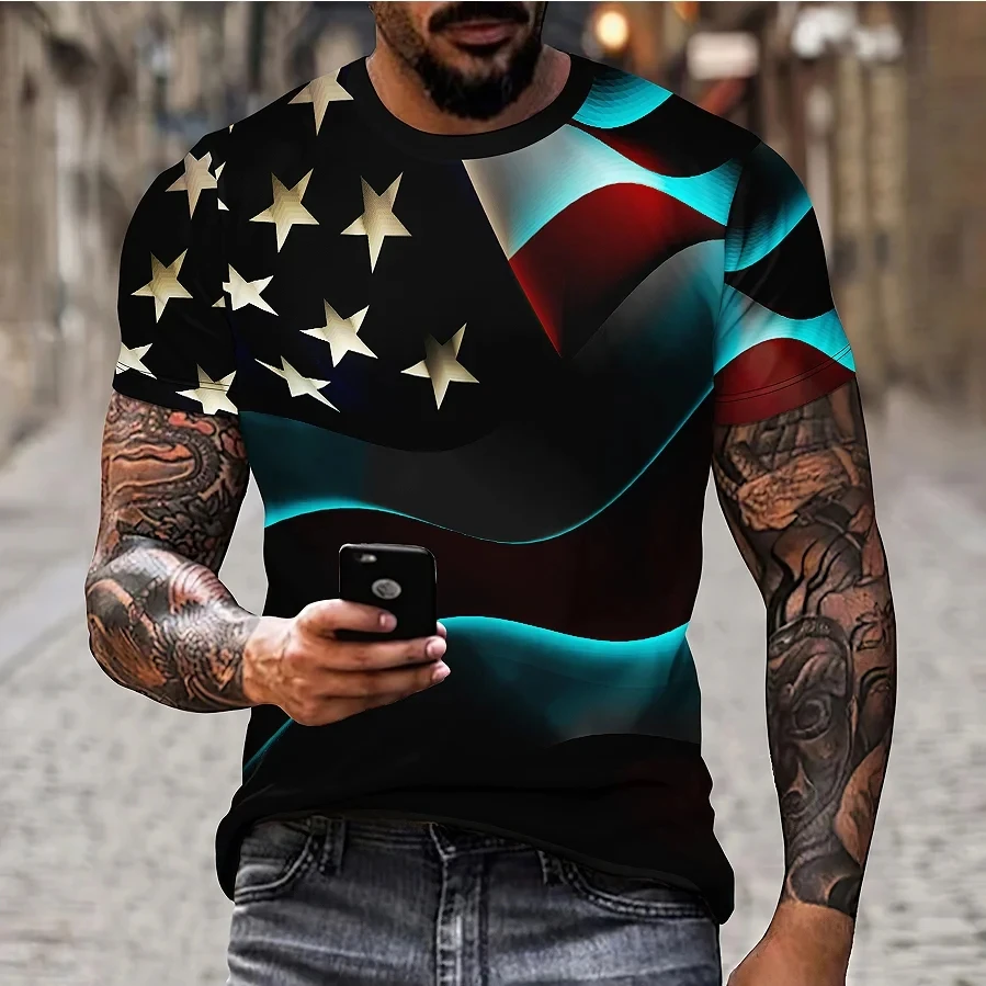 

Fashionable New National Flag Pattern Printed Men's T-shirt Summer Casual Pullover Loose Short Sleeved Round Neck Plus Size Top