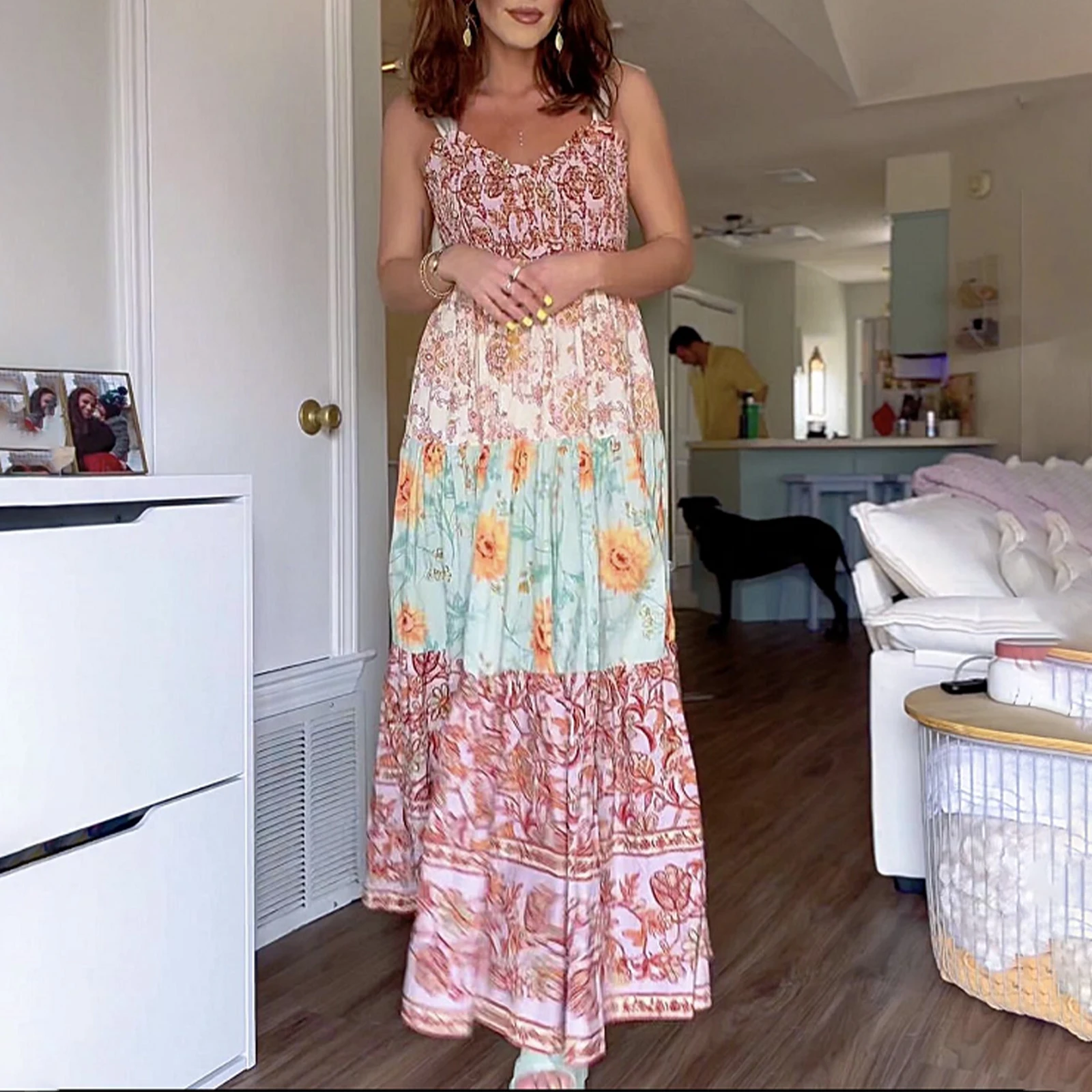 Abito da donna vintage con stampa floreale, spalline allacciate, abito senza maniche, abito lungo, abito estivo a trapezio con grande altalena