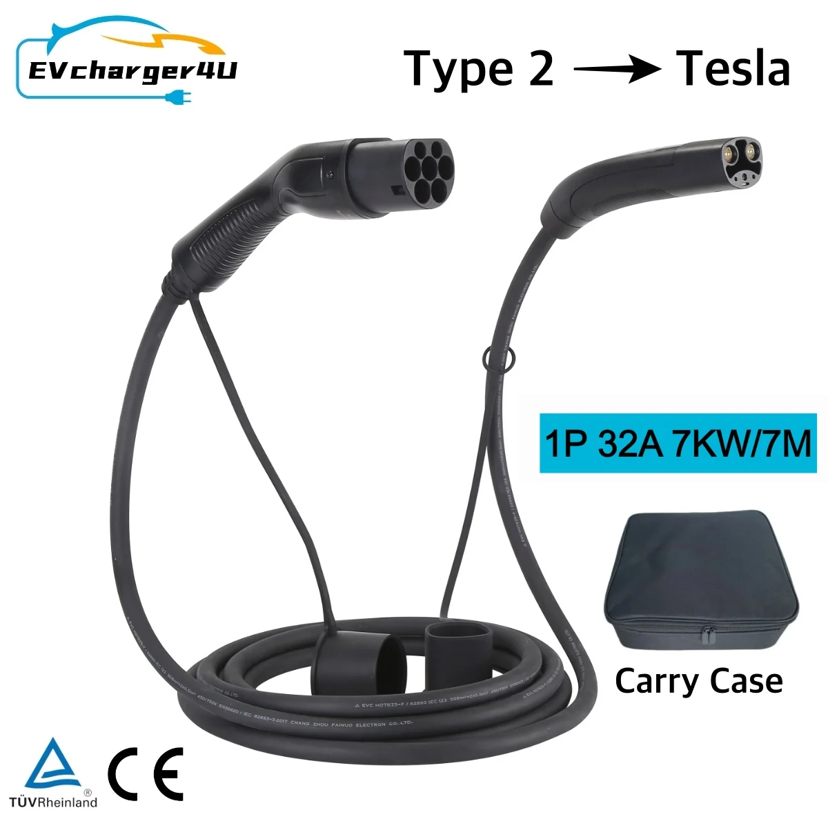 EV-oplader4U Type 2 naar Tesla EV-laadkabel 4M/7M 1-fase 32A 7KW IEC62196 Type 2 NACS-kabel voor Amerikaanse Model 3 X S Y