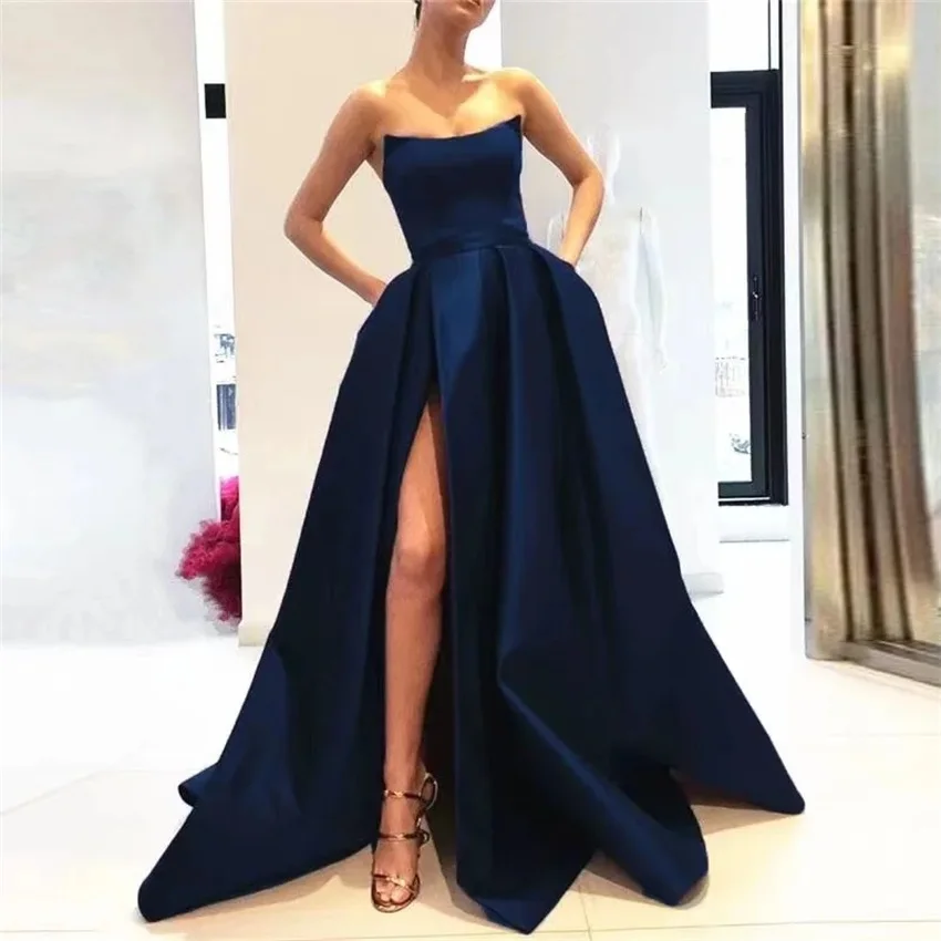 Elegant Long Evening Party Gowns Wine Red Women Side Slit Strapless Satin Formal Dress Burgundy Prom Dresses with Pockets