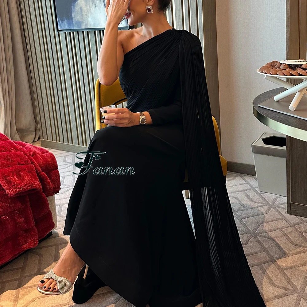 Personalizado de um ombro preto jérsei vestido de noite mangas completas com trem varredura vestido de festa sereia até o chão vestido de baile