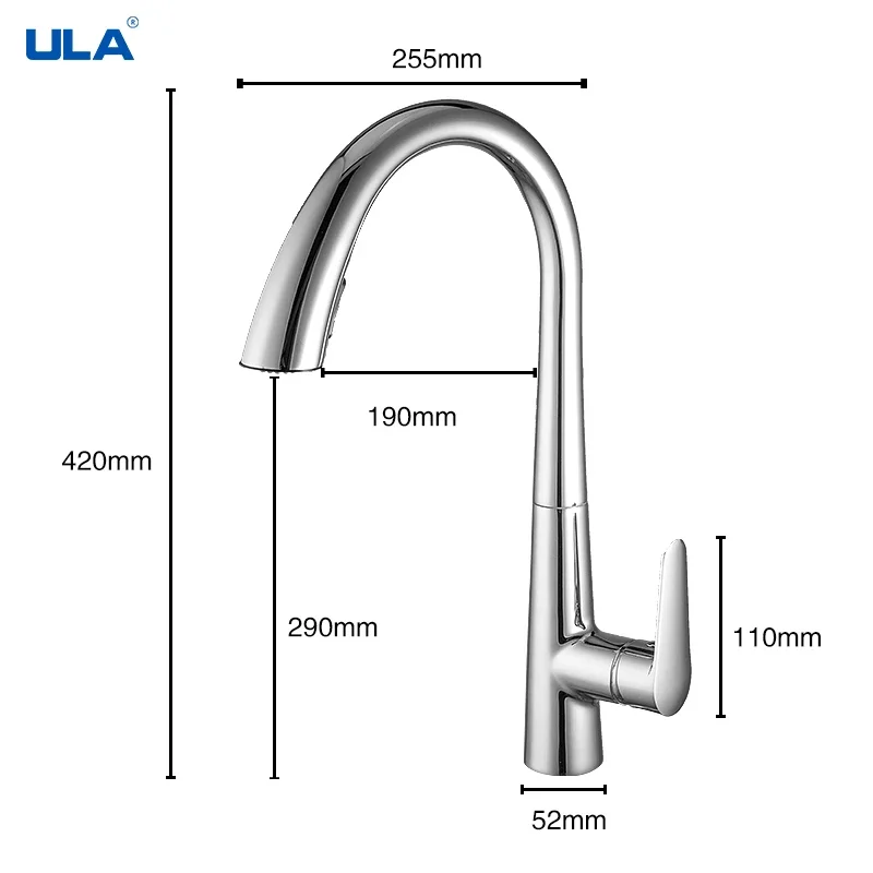 ULA-grifo de cocina cromado/negro, caño extraíble, mezclador de agua fría y caliente, grifo de cocina, boquilla de grifo Flexible de 360 grados