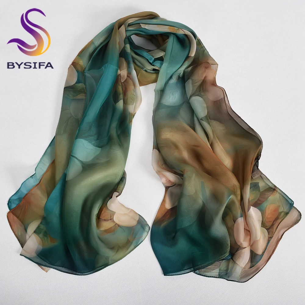 [BYSIFA] Blue Green 100% Mulberry Silk Scarf Wrap Winter Flower Design Chiffon Long Scarves Shawls Ladies Beach Shawl Echarpes