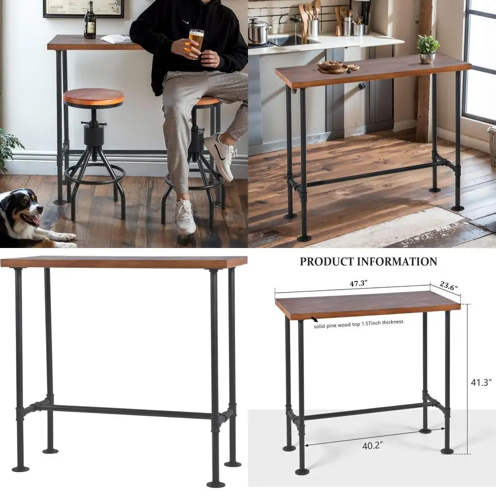

Sturdy Metal and Solid Wood Dining Table for 4, 47.3L x 41.3H x 23.6W, Rustic Industrial Style, Black & Brown