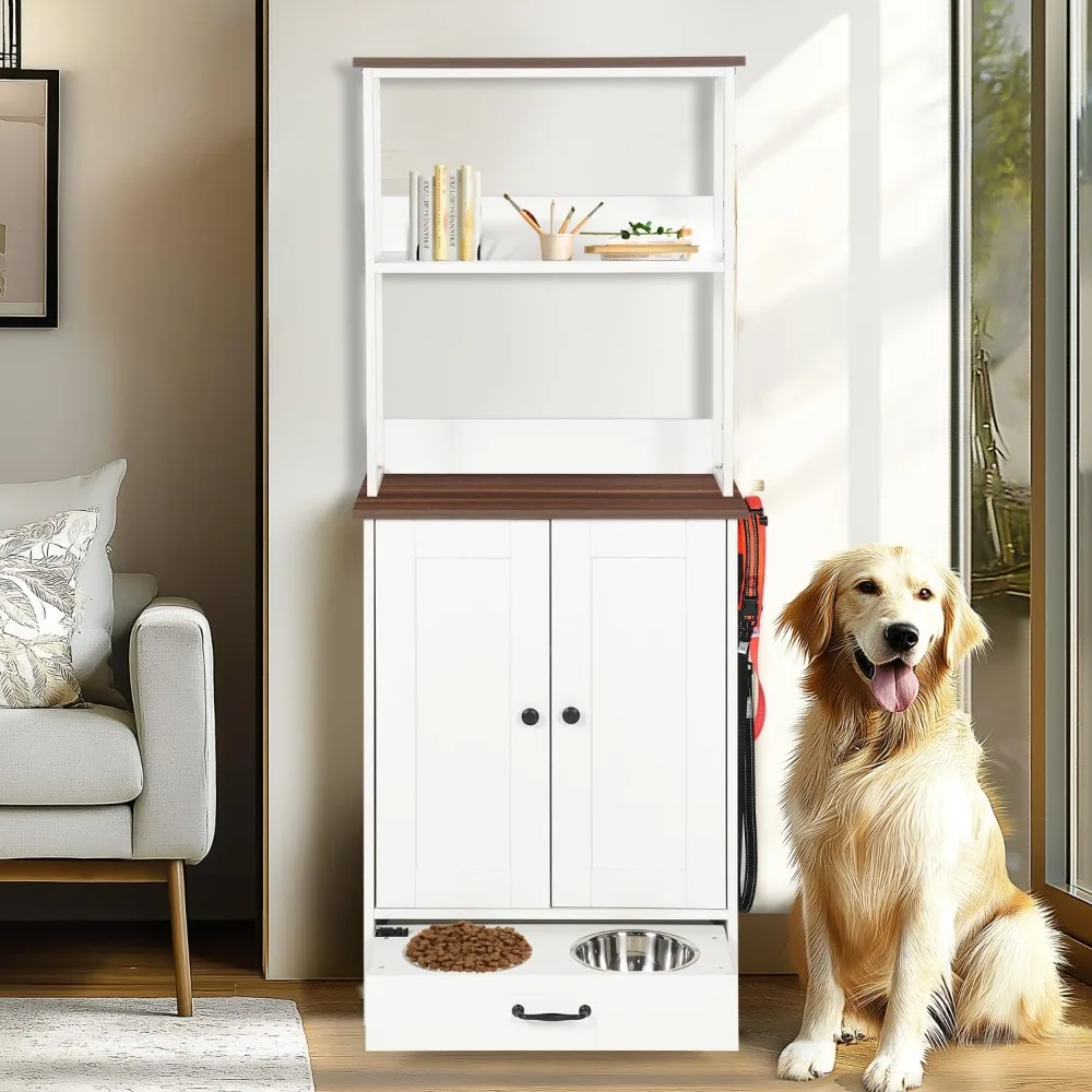 

Feeding Station with Bowls, Adjustable Panel, Storage for Dogs & Cats, 2-Level Shelving, White