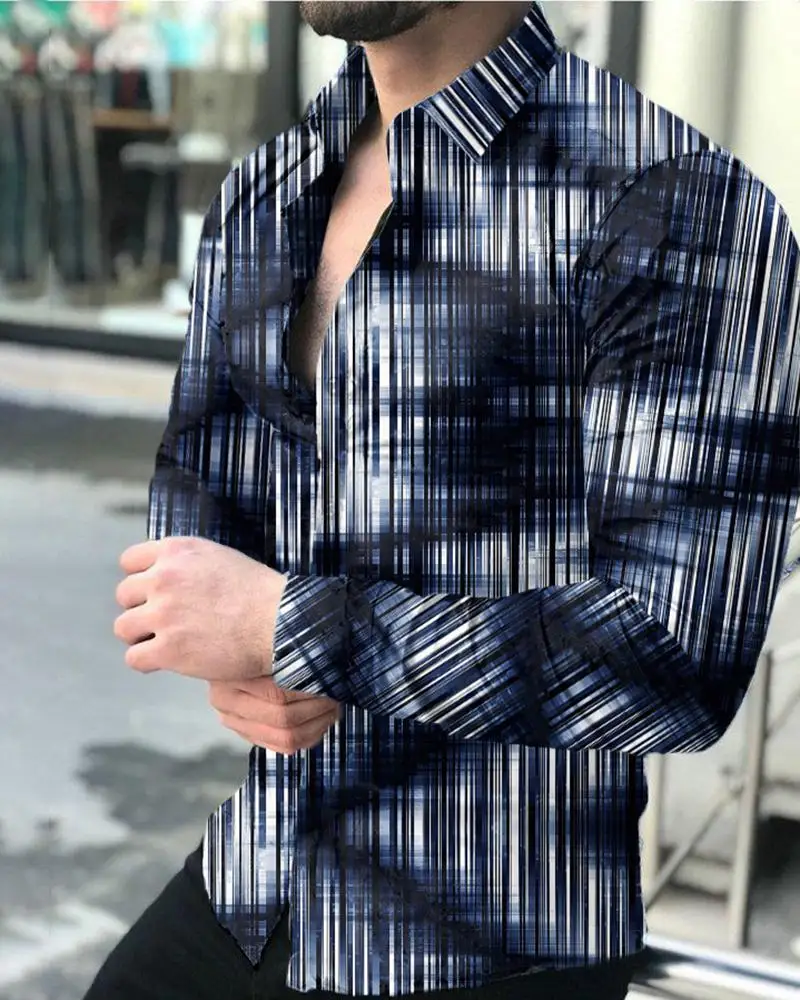 2023 new fashion luxury men\'s shirt single-breasted shirt casual retro line printing long-sleeved shirt men\'s Hawaiian cardigan