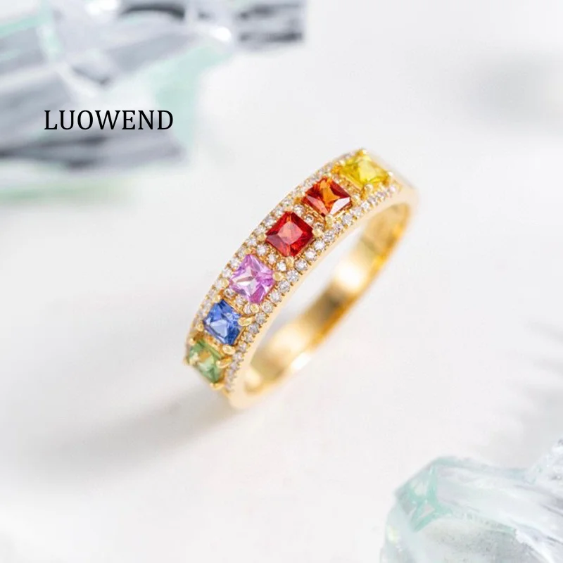 LUOWEND 100% 18K Yellow Gold Rings Natural Diamond Natural Color Sapphire Ring for Women Fashion Rainbow Design Party Jewelry