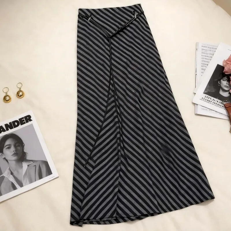Women Diagonal Strap Striped High Waist Slim Mermaid Maxi Skirt