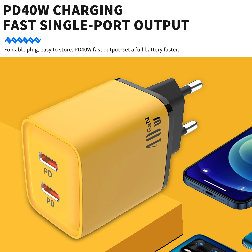 Maerknon caricabatterie USB GaN a ricarica rapida da 40W supporto per caricabatterie a doppia porta di tipo C ricarica rapida PD per adattatore di ricarica da parete per iPhone iPad