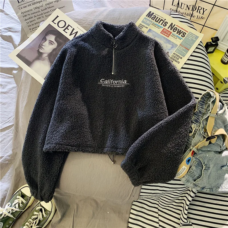 Damen-Sweatshirt mit Stehkragen, Fleece-Futter, dick, aus Lammwolle, kurz geschnitten, für Herbst und Winter, flauschig, locker geschnitten, langärmelig, mit Schriftzug, lässiger Pullover – Detail 9