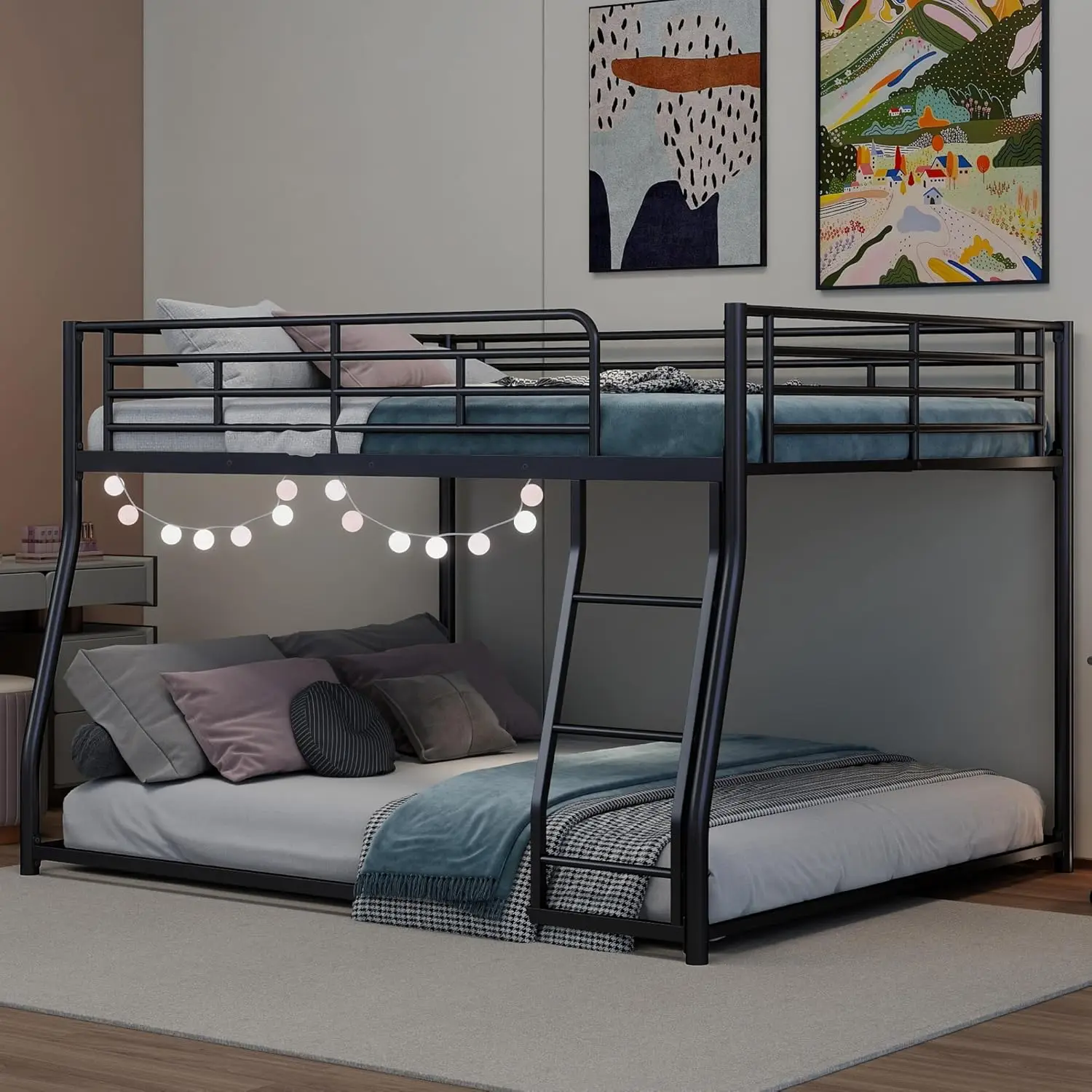 Metal Bunk Bed Full XL Over Queen, Floor Bunk Bed with Ladder & Safety Guardrail, Montessori Floor Bed Frame Bottom, Customized
