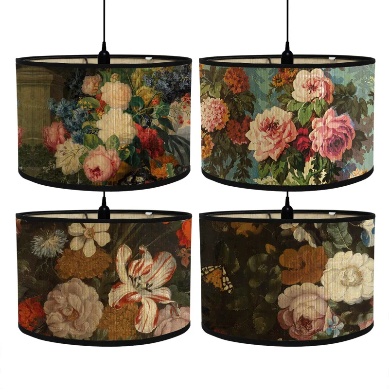 Retro Style Flower Printing Lampshade Japanese Style Homestay Decor Bamboo Art Chandelier Light Cover Chandelier Wall Lamp Shade