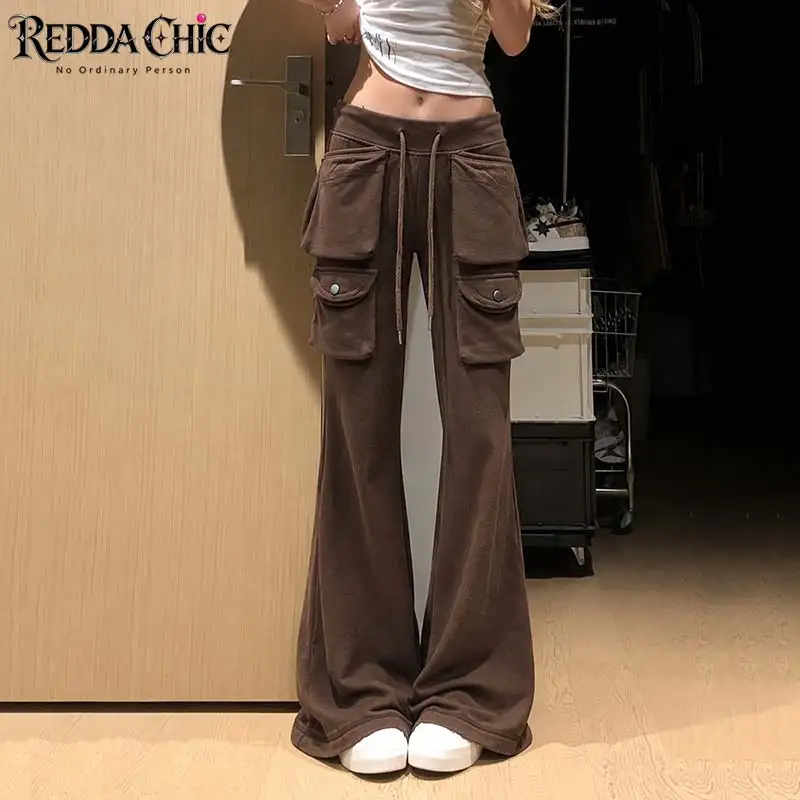 ReddaChic Multi-pocket Bootcut Women Sweatpants Vintage Plain Drawstring Relaxed Fit Low Rise Flared Cargo Pants Korean Bottoms