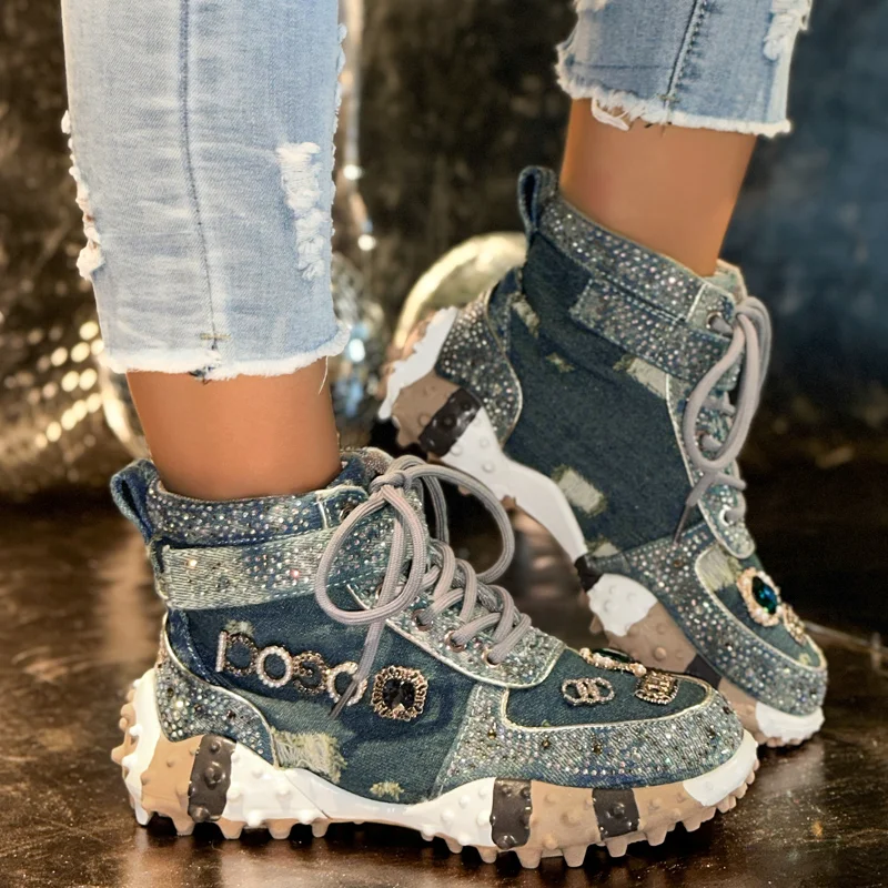 Women Rhinestone Casual Luxury Sneakers Diamond High-Top Designer Boots Thick Bottom Shoes Female Tennis Outdoors Walking Shoes
