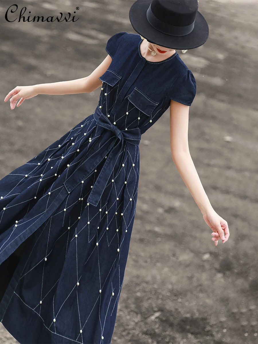 

Summer New Heavy Beads Lace-up Diamond Short Sleeve Denim Dress Fashion Round-Neck High Waist Slim Elegant Long Ladies Dress