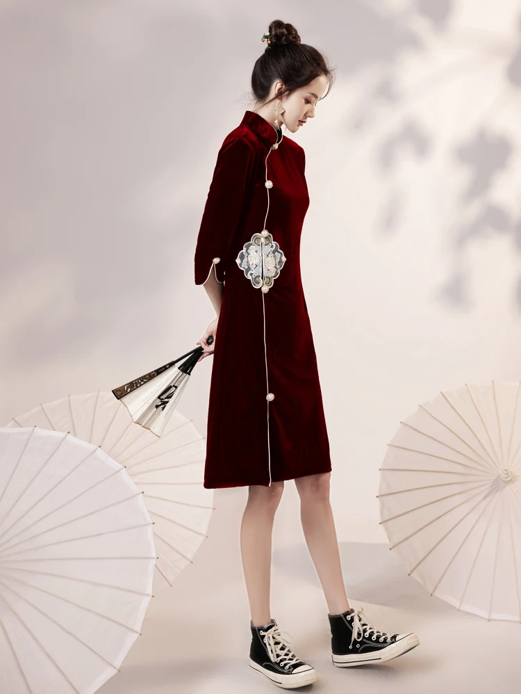 

Red Velvet Dr Chinese New Year Visiting Costume Retro Sle Long Slit Daily Wear Pure Color Women's Faion