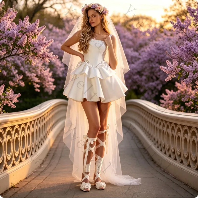 Customized Temperament Wedding Dresses Square Neck Sleeveless Flowers A Line Tiered Mini Fashion Fascinating Bridal Gowns