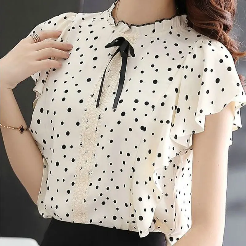 Korean Polka Dot Lace Chiffon Blouse Elegant Stand Collar Ruffles Spliced Women\'s Clothing Stylish Bow Summer Short Sleeve Shirt