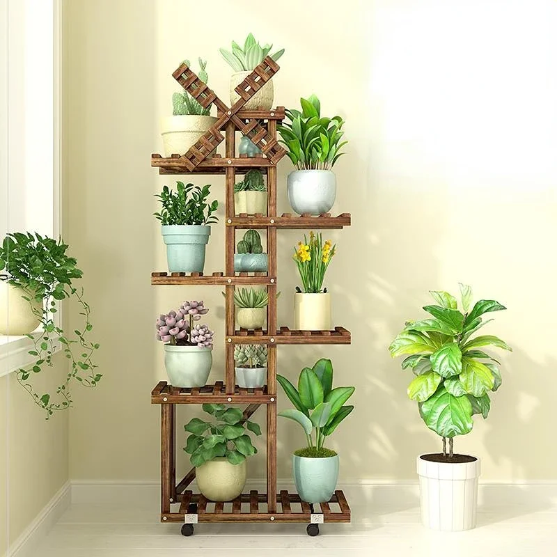 Étagère à fleurs d'intérieur à plusieurs étages, balcon en fer forgé, salon, bois massif, support pour pots de plantes au sol, supports spéciaux