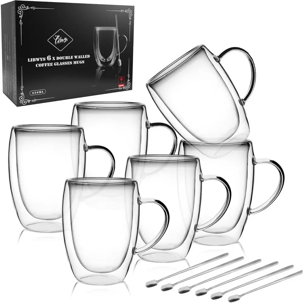 

Double Walled 6-Pack Coffee Cups, 12oz Latte & Tea Mugs with Handle, Heat Resistant Borosilicate Glass 350ml