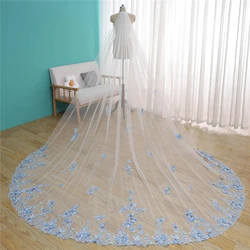 Something Blue 3D Floral Wedding Bridal Veils With Comb Flowers Beaded Pearls Unique Accessories Cathedral Luxury For Brides
