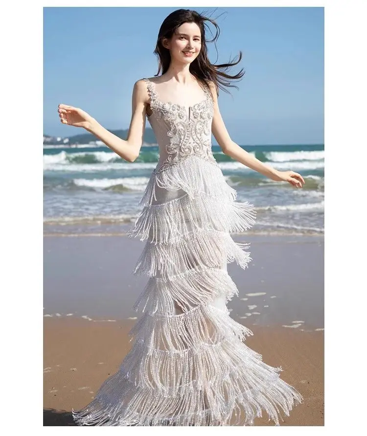 Ele prata vestido de noite feminino cinta borla luxo high-end noiva casamento dr ele sensação bola senhora anfitrião