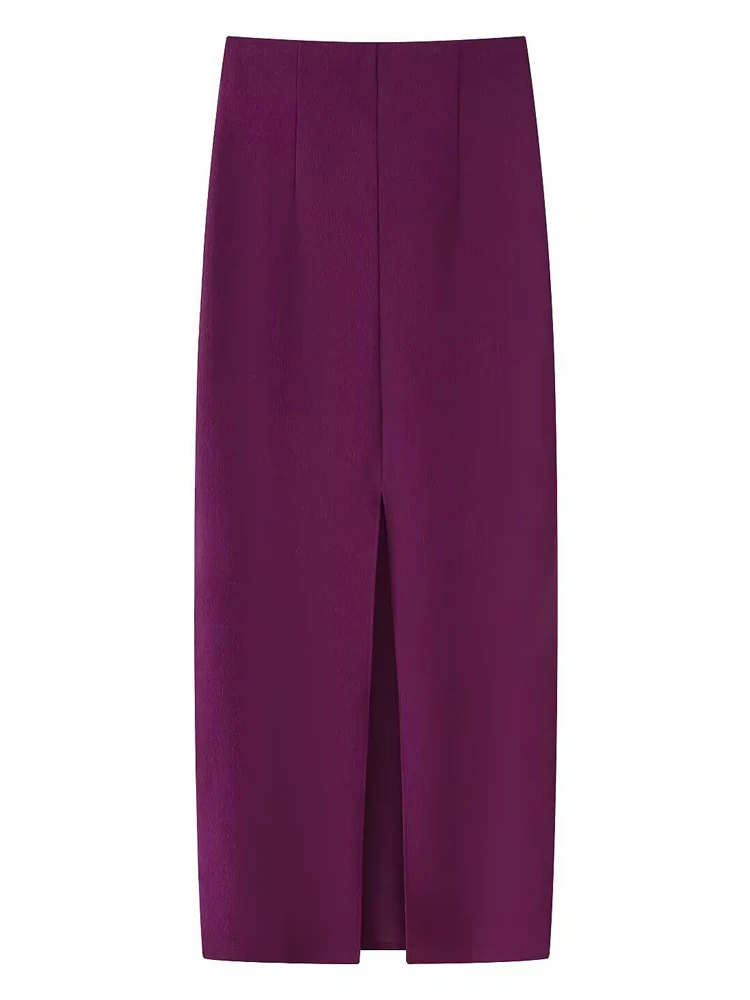 HXAO Midi Skirts for Women Purple High Waist Pencil Skirt Slit Bodycon Skirt Office Street Wear Summer Skirt 2025 Women's Skirt