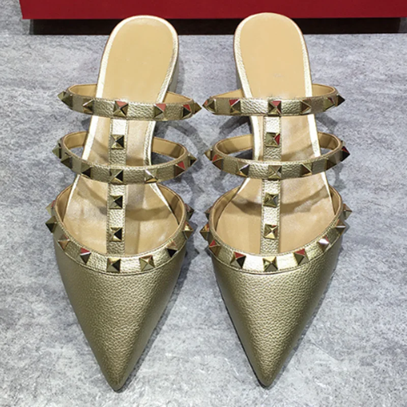 Women Studs Pincesa Tacco Square Bottom Slides Classy Shoes Pointy Toe Retro Litchi Gold Silver Slippers 4cm Heels 25cm EU33-48