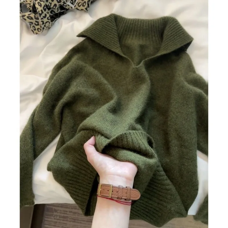 الحد الأدنى نمط الأخضر كبير التلبيب البلوز سترة للنساء 2025 جديد الخريف والشتاء سترة عصرية فضفاضة #4