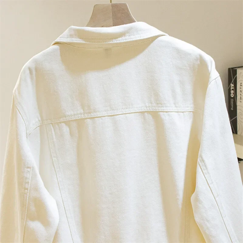 Koreaanse Mode Beige Denim Jas Vrouwen Slanke Korte Cowboy Bovenkleding Herfst Grote Zak Casual Jeans Jas Vrouwelijke