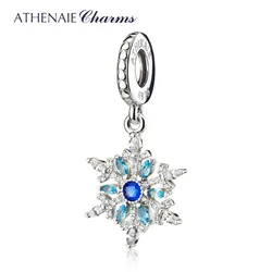 ATHENAIE 925 Sterling Silver Pave Blue Crystals CZ Crystalized Snowflake Pendant Drops Charms Beads For Women Gift Mother's Day