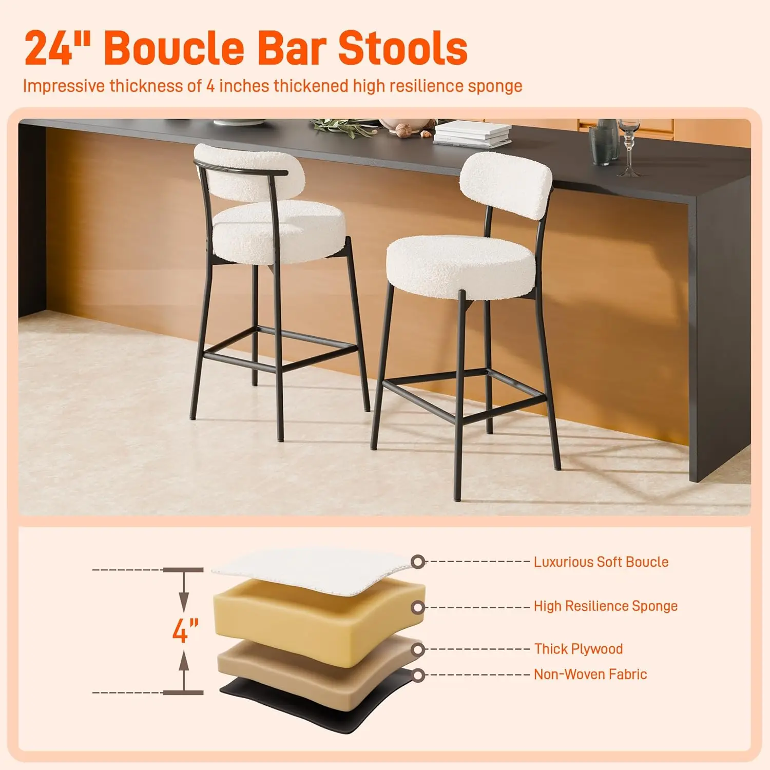 مجموعة مقاعد بار مقاس 24 بوصة مكونة من 3 قطع، مقاعد بارتفاع عداد أبيض حديث مع مقعد دائري سميك وظهر منحني