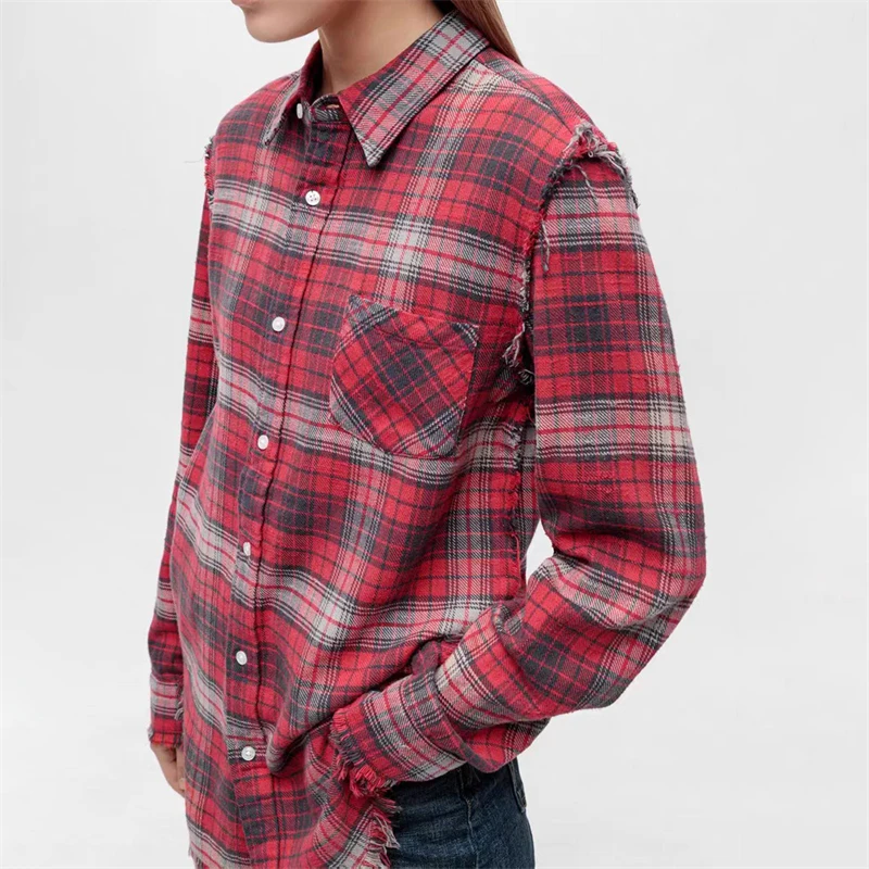 เสื้อเชิ้ตลายสก็อตคอปกสีตัดต่อสำหรับผู้หญิงคอลเลคชั่นฤดูใบไม้ผลิใหม่ เสื้อแจ็คเก็ตเชิ้ตแฟชั่นลำลองคุณภาพสูงสไตล์วินเทจแต่งพู่