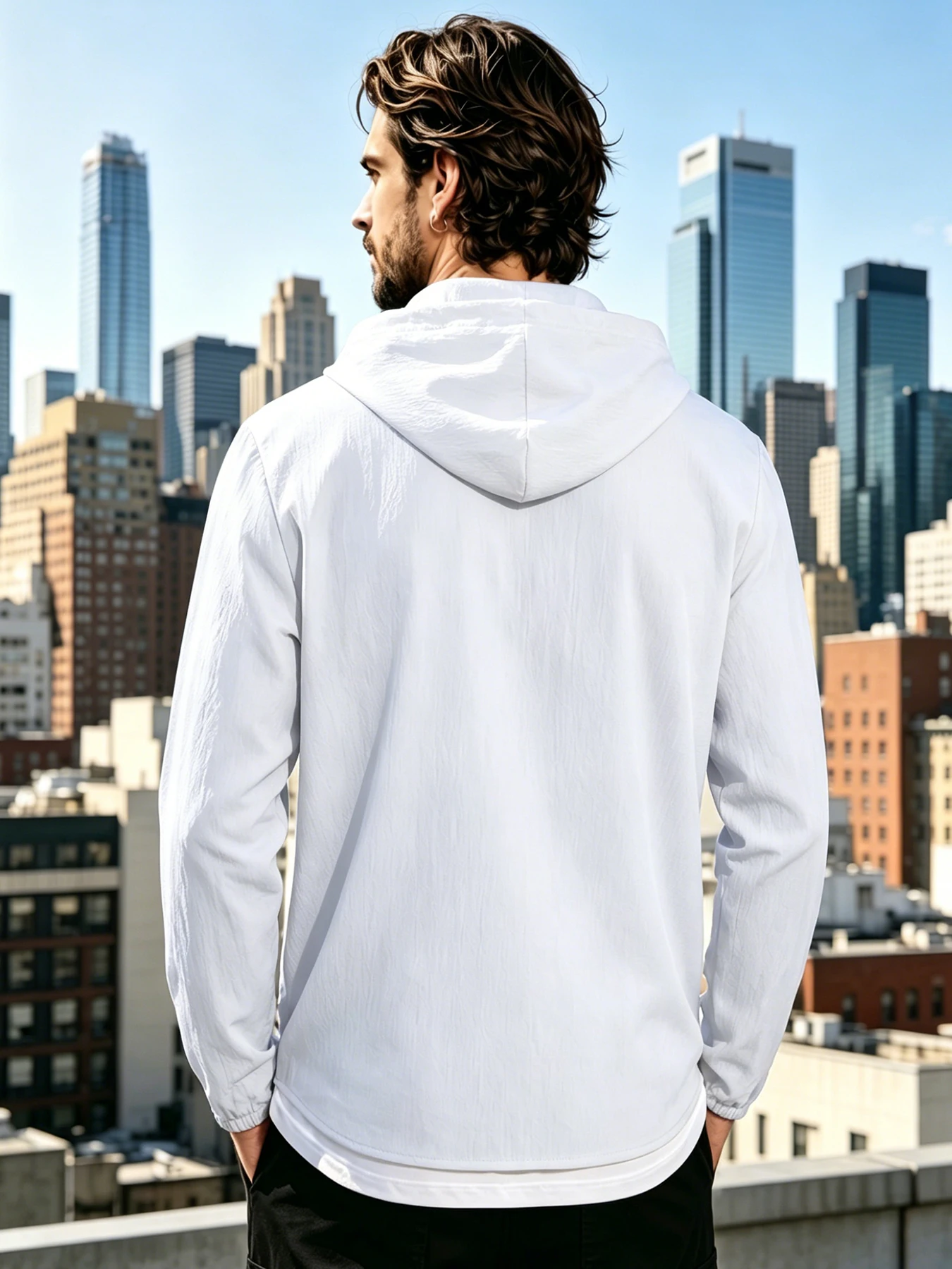 Solid Color Crinkle Texture Men Hooded Long Sleeve Shirt Full Button Front Drawstring Hood Beach Urban Casual OuterShirt Outdoor