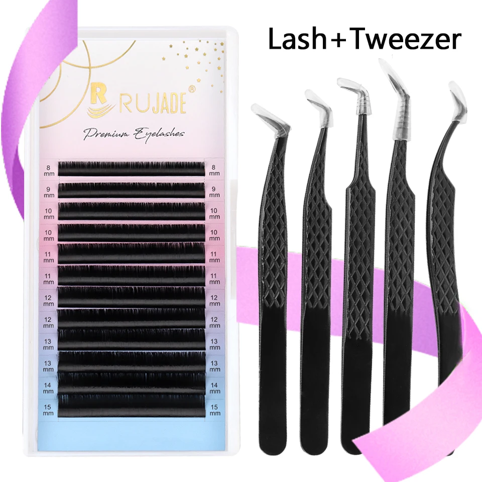 

RUJADE Volume Individual Eyelash Extension Lashes Matte Black Faux Mink Cilios With High Precision Lash Extension Tweezer Sets