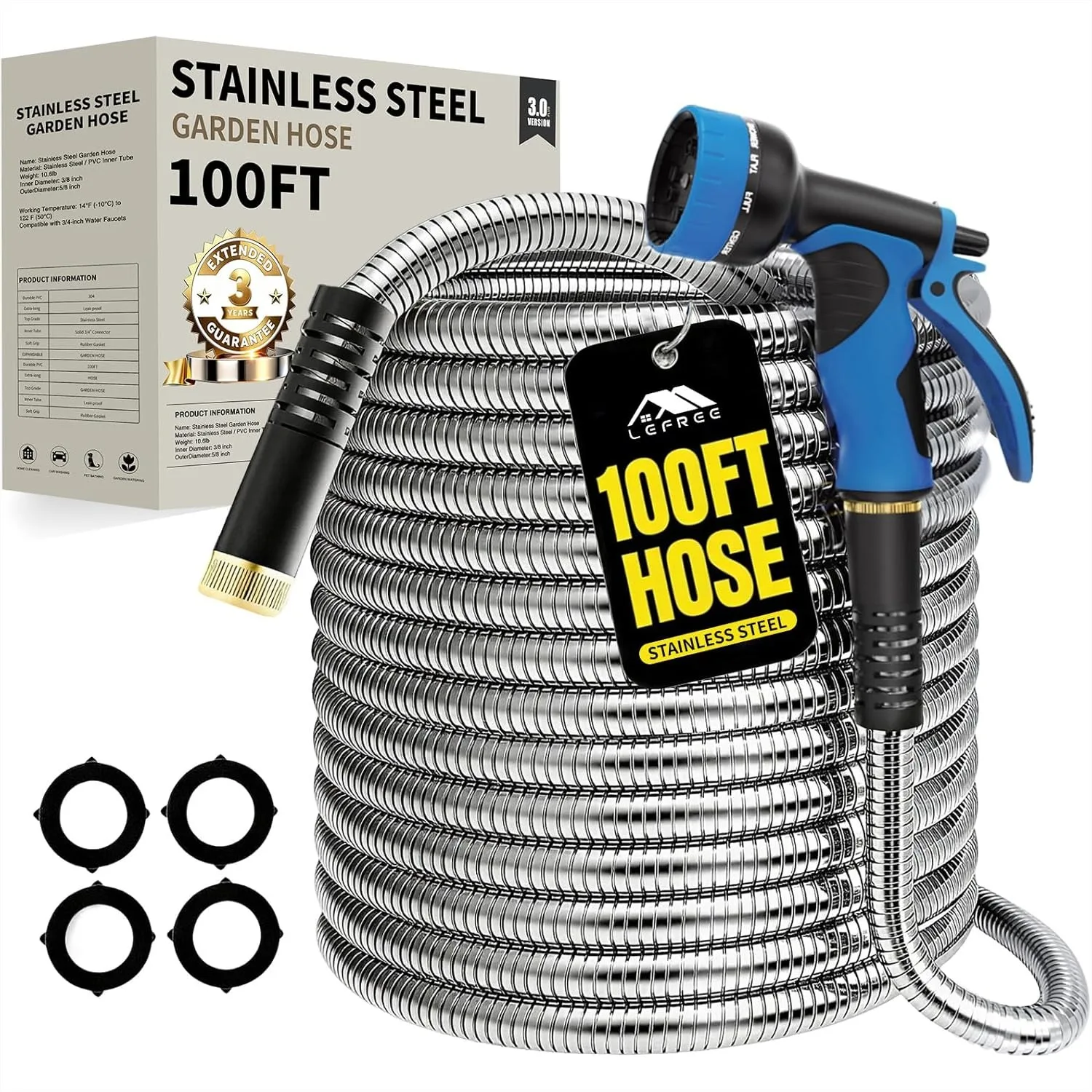

100ft Metal Garden Hose - Heavy Duty 304 Stainless Steel Flexible Water Hose, No Kinks & Leak-Proof with Upgraded Handle