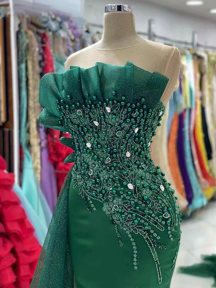 Gaun Prom putri duyung hijau manik-manik kristal applique pesta malam Formal resepsi kedua gaun tunangan ulang tahun jubah De Soiree