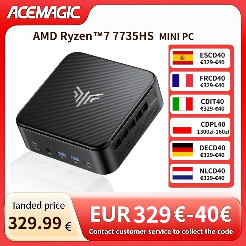 ACEMAGIC Mini PC AMD Ryzen 7 7735HS Gaming Mini PC 8 Cores 16 Threads 16GB LPDDR5 5500MHz 512GB NVMe SSD 4K Triple Display WiFi6