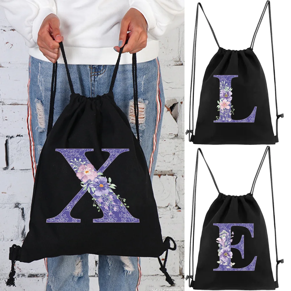 Canvas Drawstring Backpack Gym Drawstring Bag Purple Flower Letter Name Series Pattern Casual String Shoulders Schoo Beach Bag