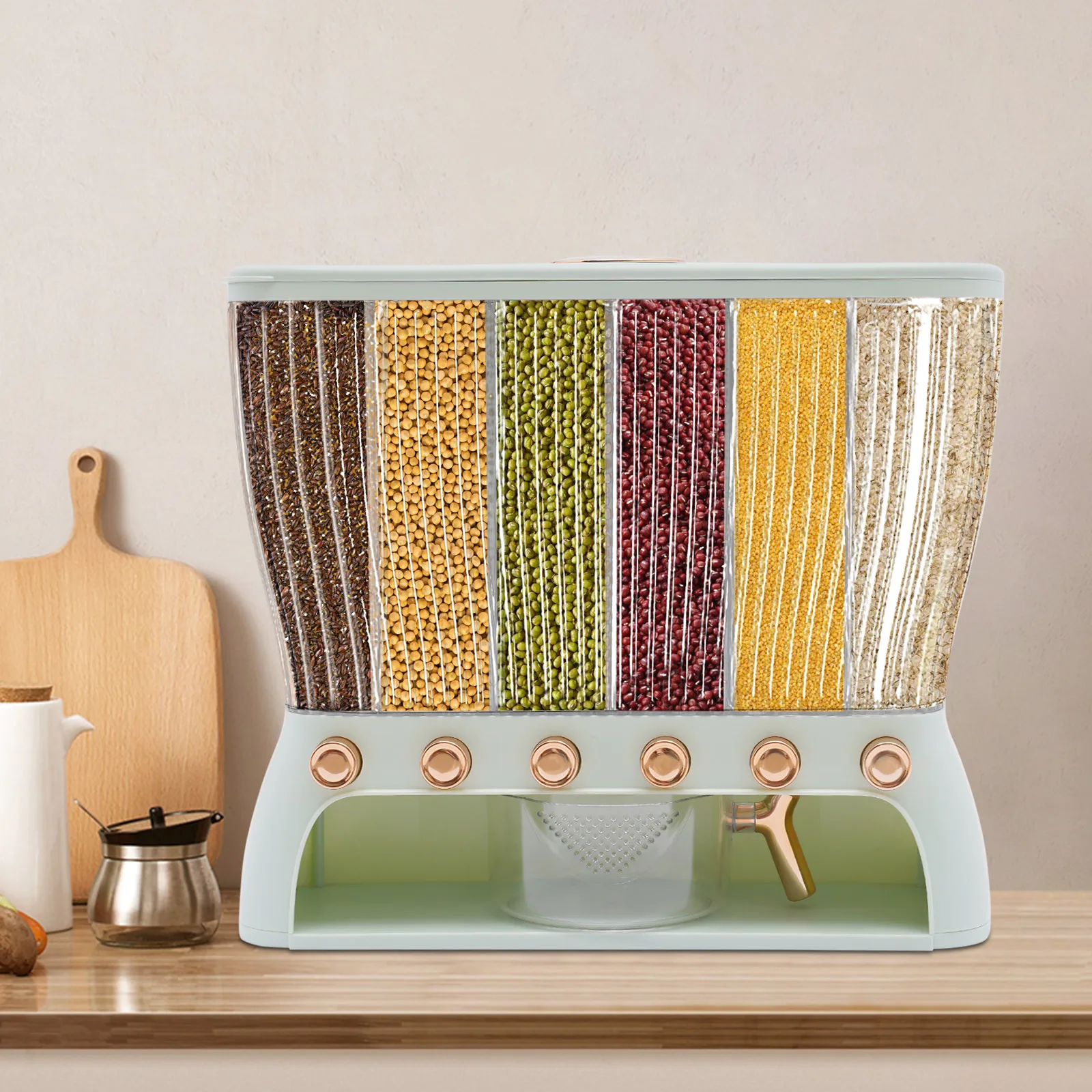 

6-Grid Rice Storage Bin, Light Green Multigrain Container - 10kg Capacity, ABS Material - Dry Food Dispenser & Grain Organizer
