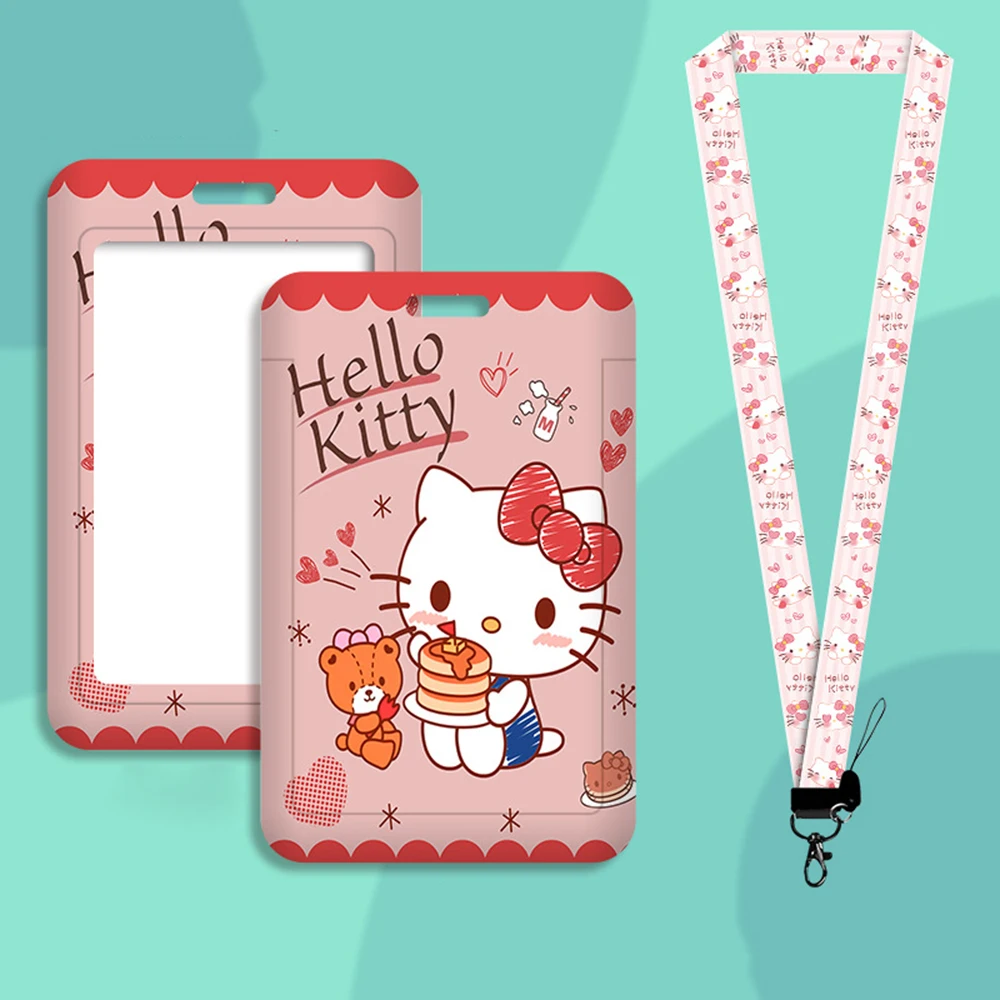 Tempat kartu Id kartun Hello Kitty dengan tali gantungan Kt kucing kartu kereta bawah tanah siswa Bus lengan Lanyard telepon seluler hadiah kembali ke sekolah