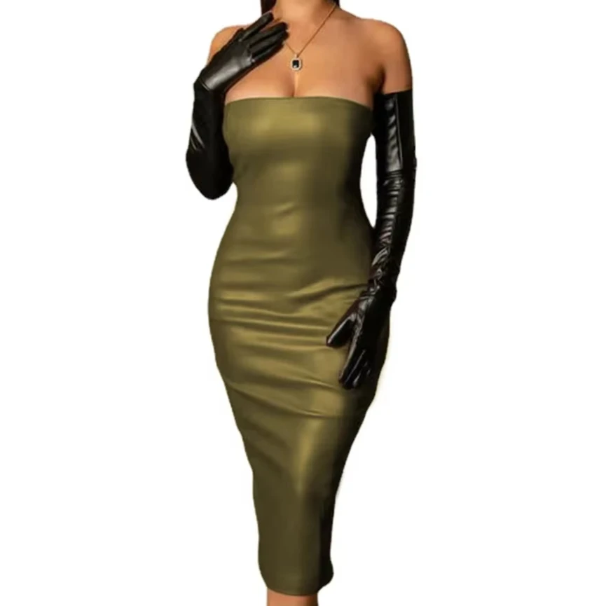 Plus Size Sexy Backless Strapless Dress Matte PU Leather Women Back Zipper Hip Wrap Dress Faux Leather Sissy Hobble Midi Dress