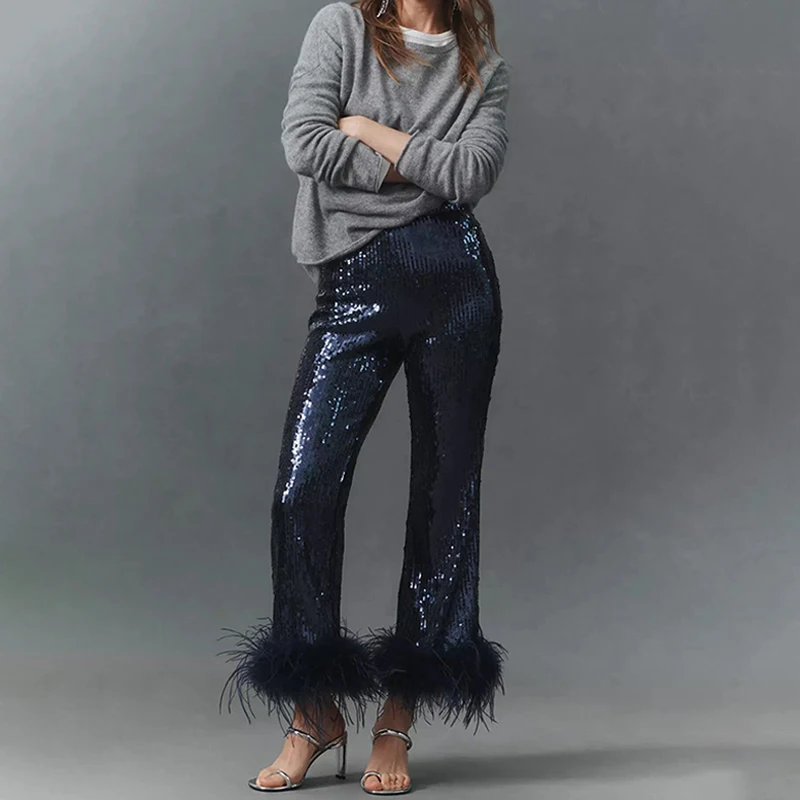 

Женские модные брюки OMSJ с пайетками и перьями, расклешенные, для вечеринок и клубов, весна 2026, элегантные блестящие брюки с эффектом обертывания на бедрах