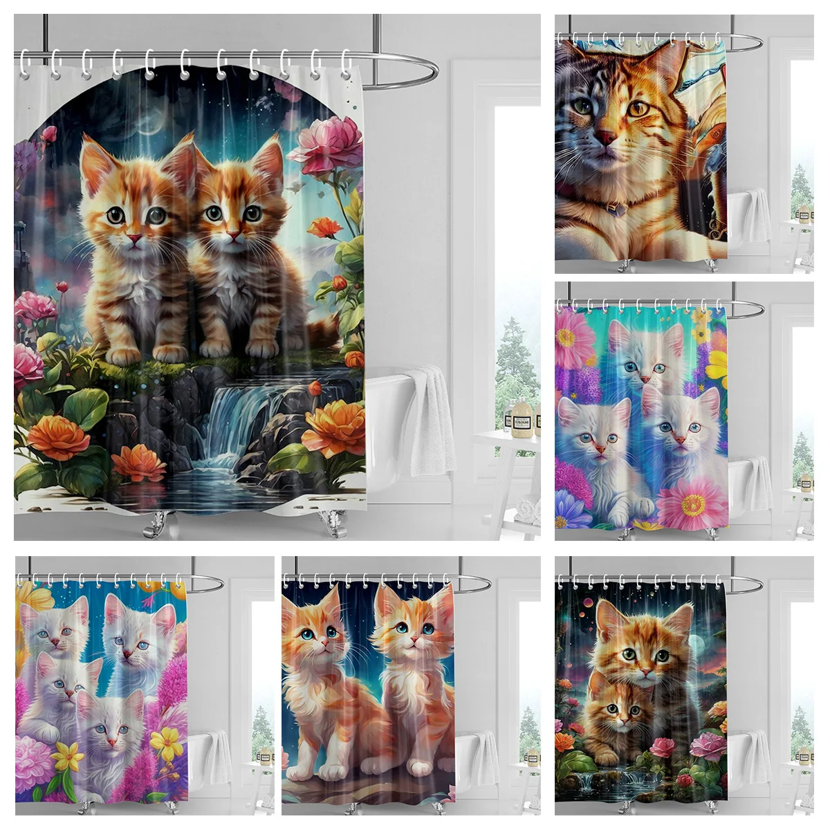 

Adorable Cat & Flower Shower Curtain - Waterproof Blue/Pink Bathroom Decor with Anti-Mold Fabric & Rustproof Grommets